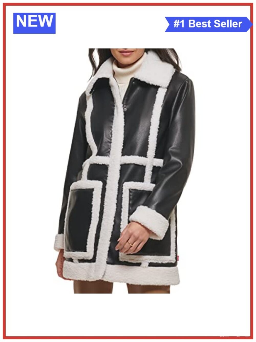Faux Leather Long Jacket with Sherpa Spill Out Trim Zip Snap Pockets